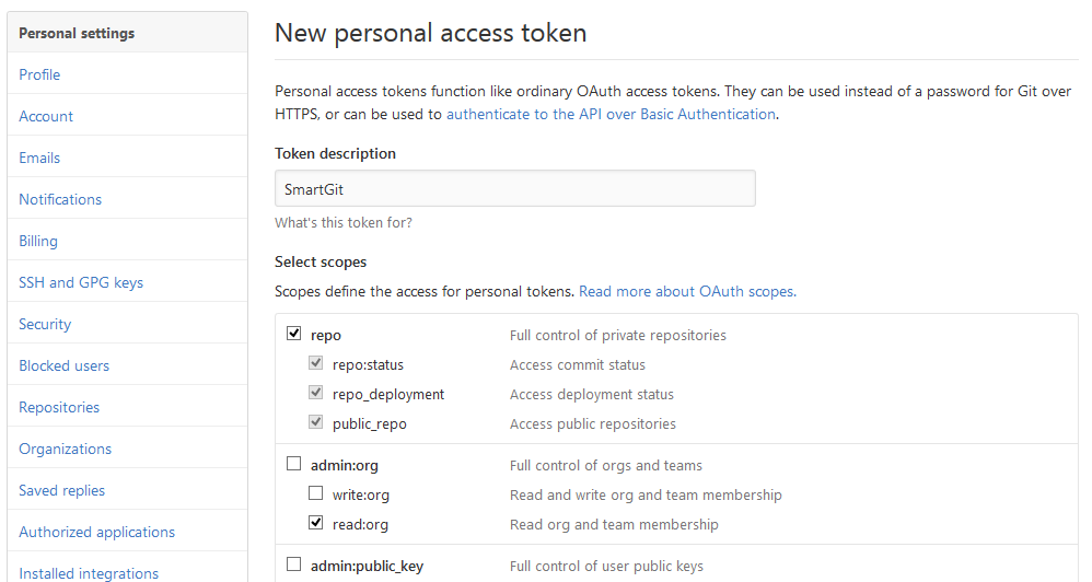 GitHub Personal Access Tokens screen